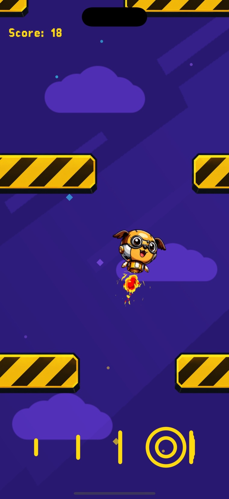 Pocko flying through purple clouds and yellow hazard blocks.